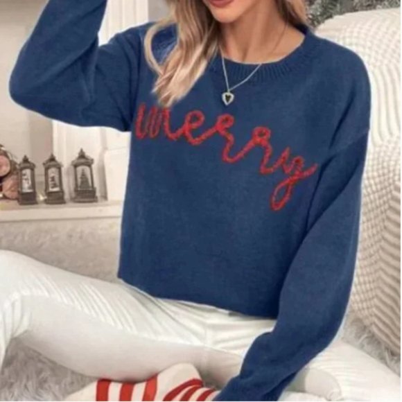 Blue Cozy Christmas Merry Script Off Shoulder Crewneck Sweater M 6542 - Picture 1 of 1